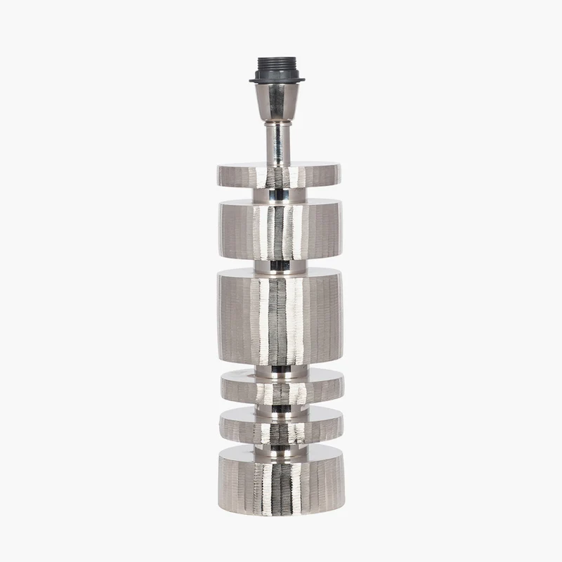 Elon Silver Metal Stacked Cylinder Table Lamp Base with Stellan 35cm Black Slubbed Silk Mix Gold Lined Cylinder Lampshade