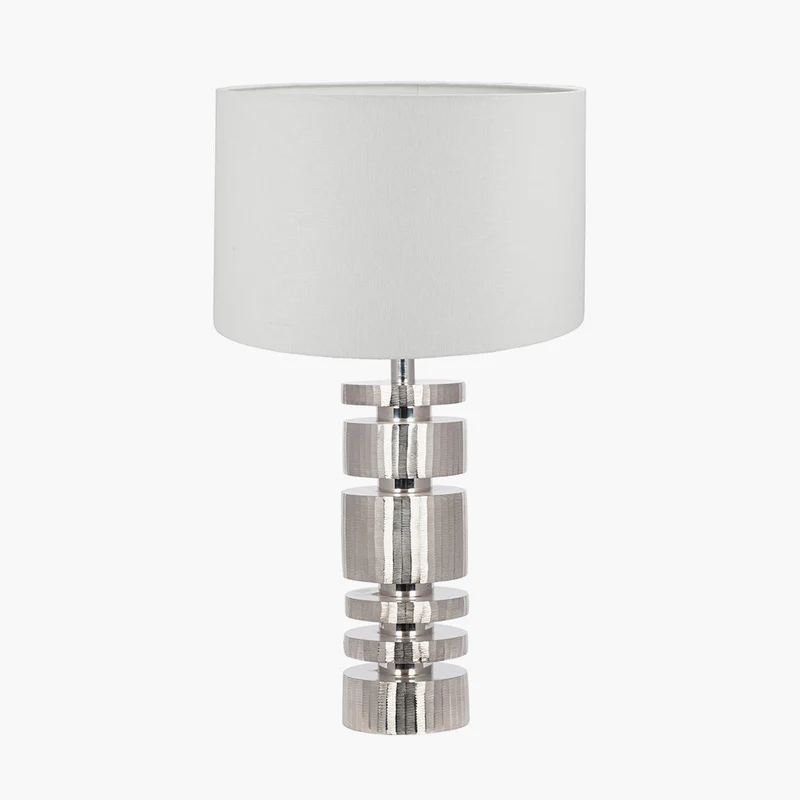 Elon Silver Metal Stacked Cylinder Table Lamp Base with Lino 35cm White Self Lined Linen Cylinder Lampshade