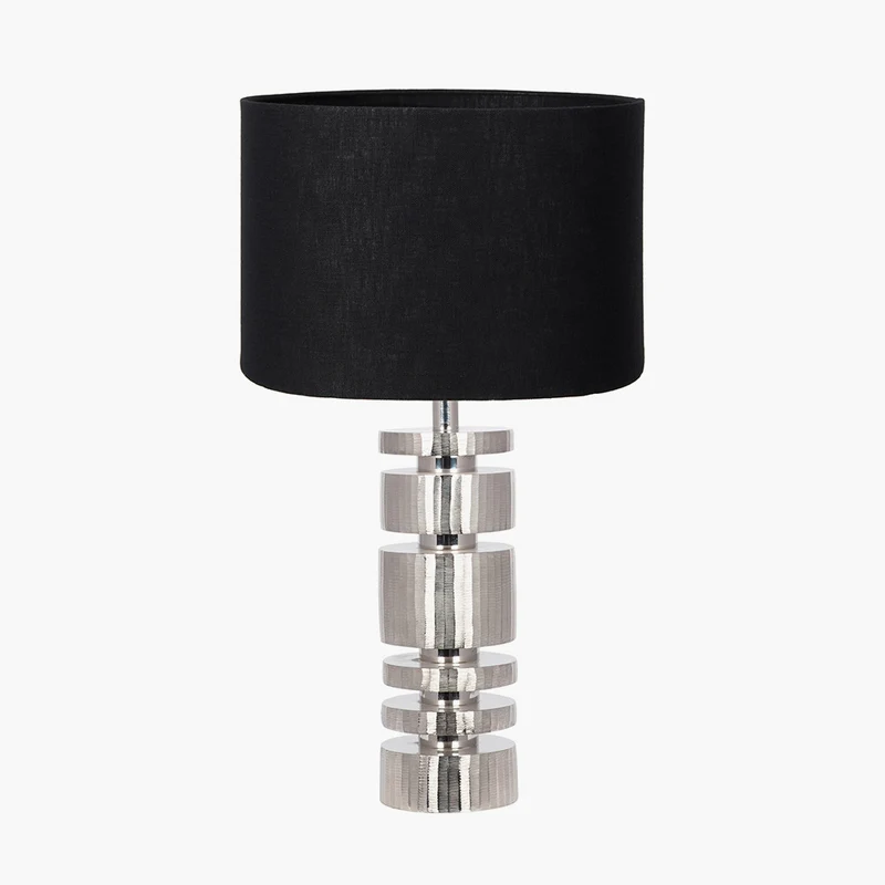 Elon Silver Metal Stacked Cylinder Table Lamp Base with Lino 35cm Black Self Lined Linen Cylinder Lampshade