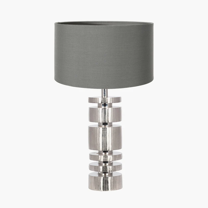 Elon Silver Metal Stacked Cylinder Table Lamp Base with Harry 35cm Steel Grey Cotton Mix Cylinder Lampshade