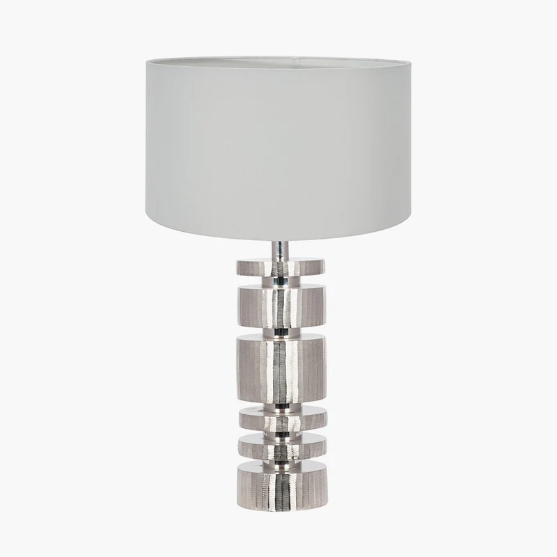 Elon Silver Metal Stacked Cylinder Table Lamp Base with Harry 35cm Ivory Cotton Mix Cylinder Lampshade