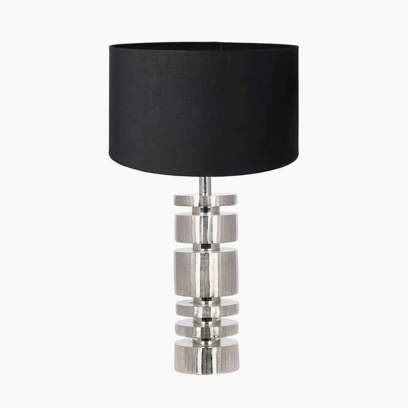 Elon Silver Metal Stacked Cylinder Table Lamp Base with Harry 35cm Black Cotton Mix Cylinder Lampshade