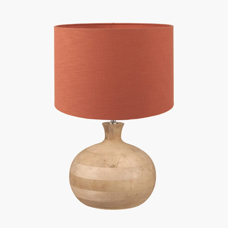 Kiah Natural Mango Wood Round Table Lamp Base with Lino 40cm Cinnamon Self Lined Linen Cylinder Lampshade