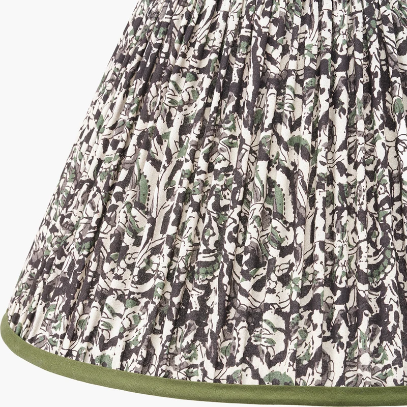 Kiah Brown Oiled Finish Mango Wood Round Table Lamp Base with Ornella 45cm Green Floral Design Mushroom Pleat Empire Lamp Shade