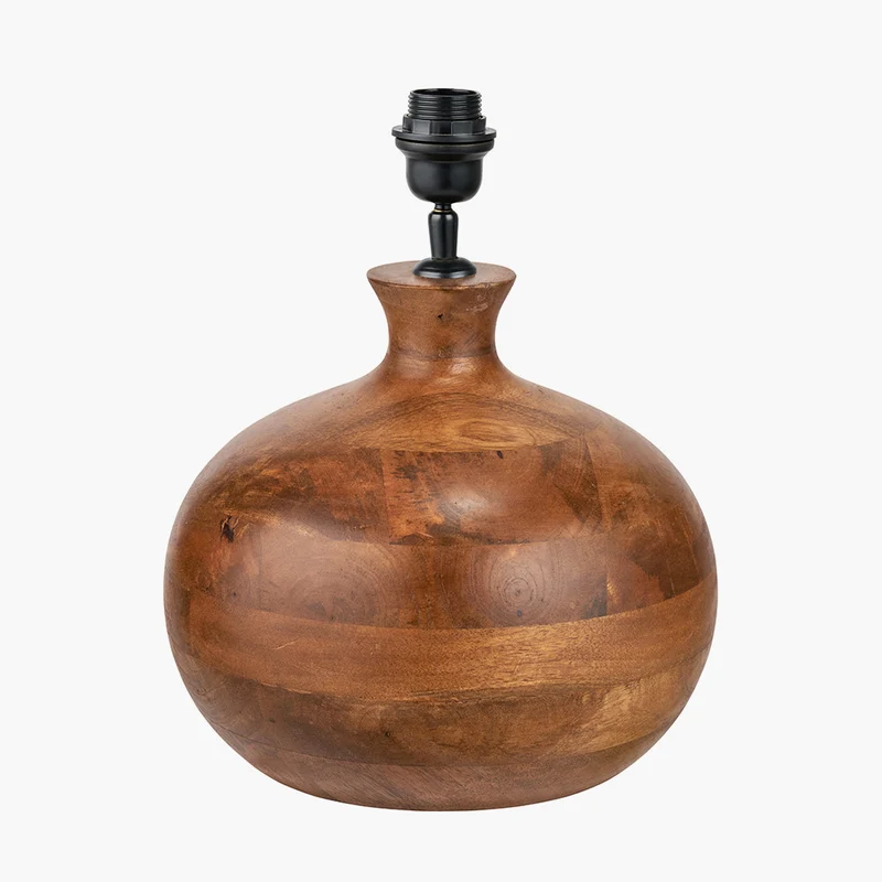 Kiah Brown Oiled Finish Mango Wood Round Table Lamp Base with Lino 40cm Cinnamon Self Lined Linen Cylinder Lampshade