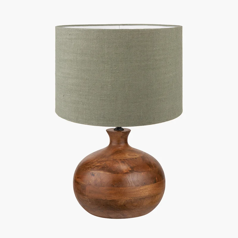 Kiah Brown Oiled Finish Mango Wood Round Table Lamp Base with Edward 40cm Pistachio Green Linen Cylinder Lampshade