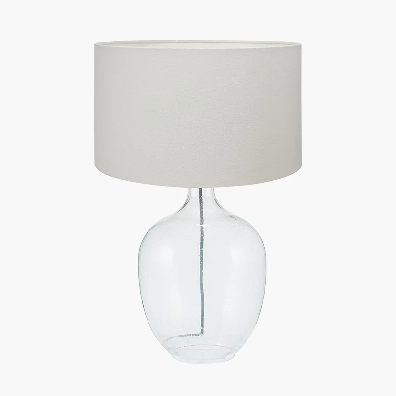 Islay Clear Bubble Glass Table Lamp Base with Henry 40cm White Handloom Cylinder Lampshade