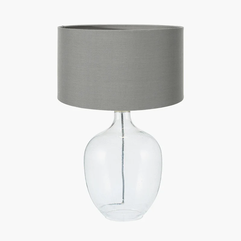 Islay Clear Bubble Glass Table Lamp Base with Harry 40cm Steel Grey Cotton Mix Cylinder Lampshade
