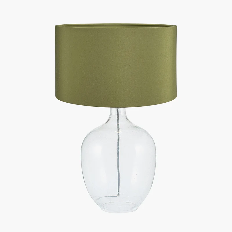 Islay Clear Bubble Glass Table Lamp Base with Harry 40cm Sage Cotton Mix Cylinder Lampshade