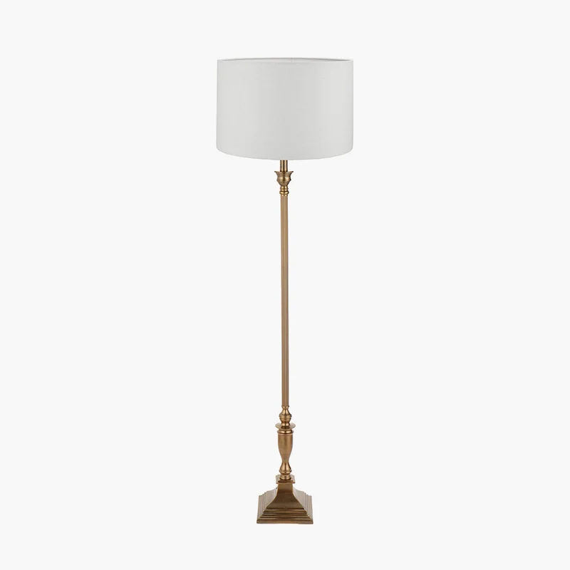 Canterbury Antique Brass Metal Floor Lamp Base with Lino 45cm White Self Lined Linen Cylinder Lampshade