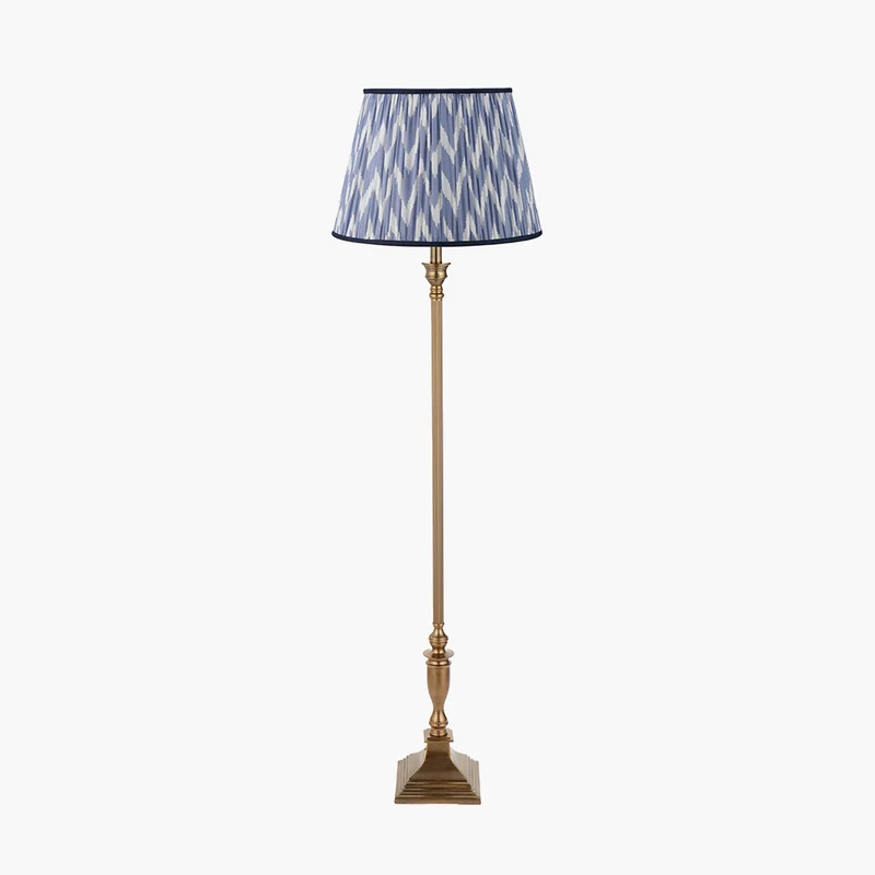 Canterbury Antique Brass Metal Floor Lamp Base with Kamilah 45cm Blue Chevron Patterned Mushroom Pleat Tapered Lamp Shade