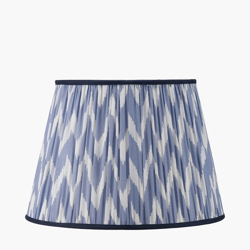 Canterbury Antique Brass Metal Floor Lamp Base with Kamilah 45cm Blue Chevron Patterned Mushroom Pleat Tapered Lamp Shade