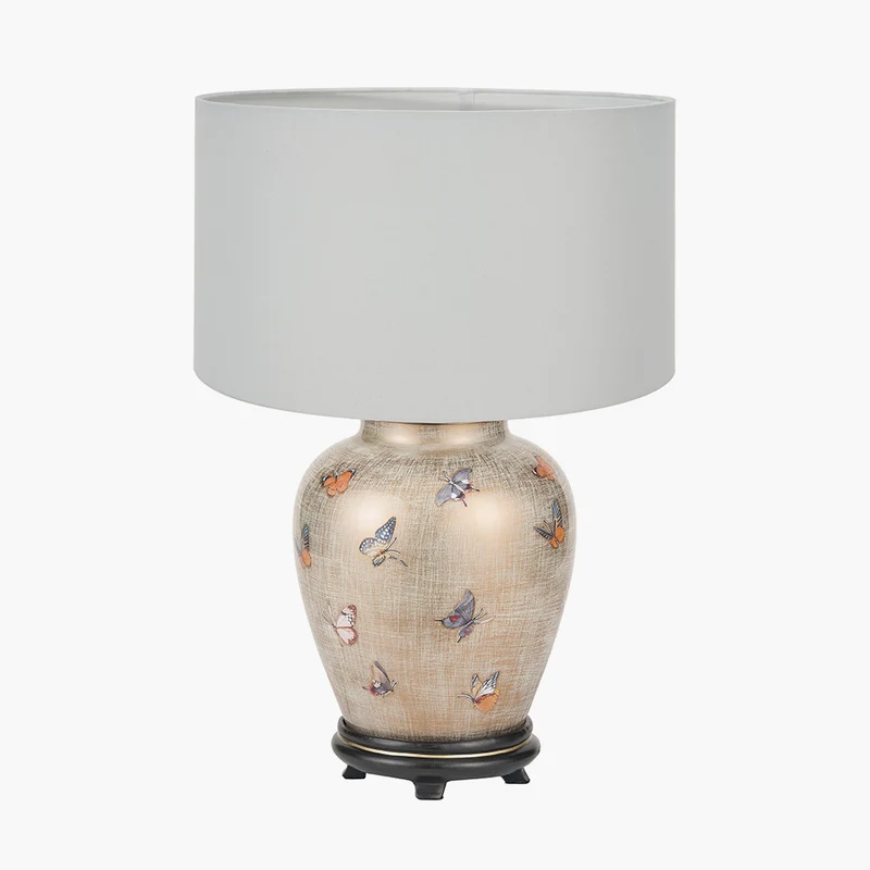 Butterflies Small Glass Table Lamp Base with Harry 25cm Ivory Cotton Mix Cylinder Lampshade