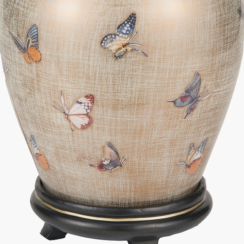 Butterflies Small Glass Table Lamp Base with Harry 25cm Ivory Cotton Mix Cylinder Lampshade