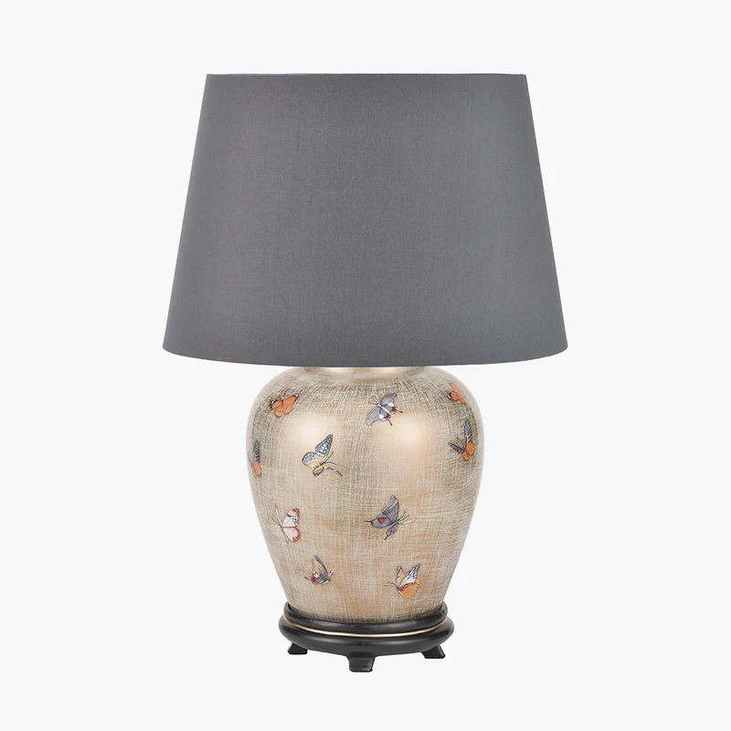 Butterflies Small Glass Table Lamp Base with Adelaide 30cm Steel Grey Tapered Cotton Mix Lampshade