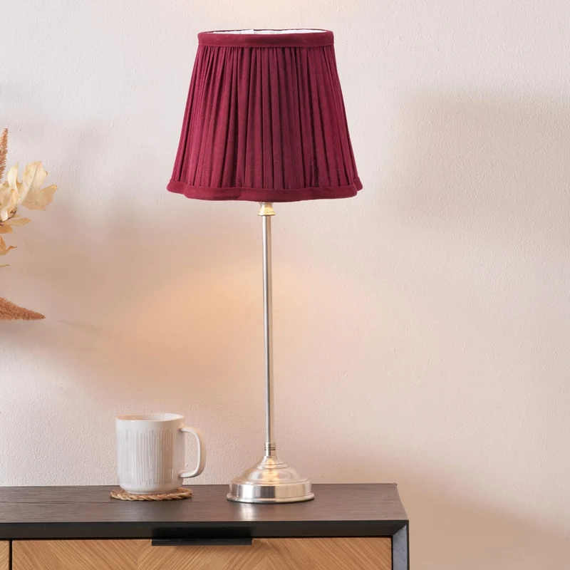 Auden Silver Metal Stick Table Lamp Base with Malia 18cm Mulberry Red Mushroom Pleat Scalloped Tapered Lamp Shade