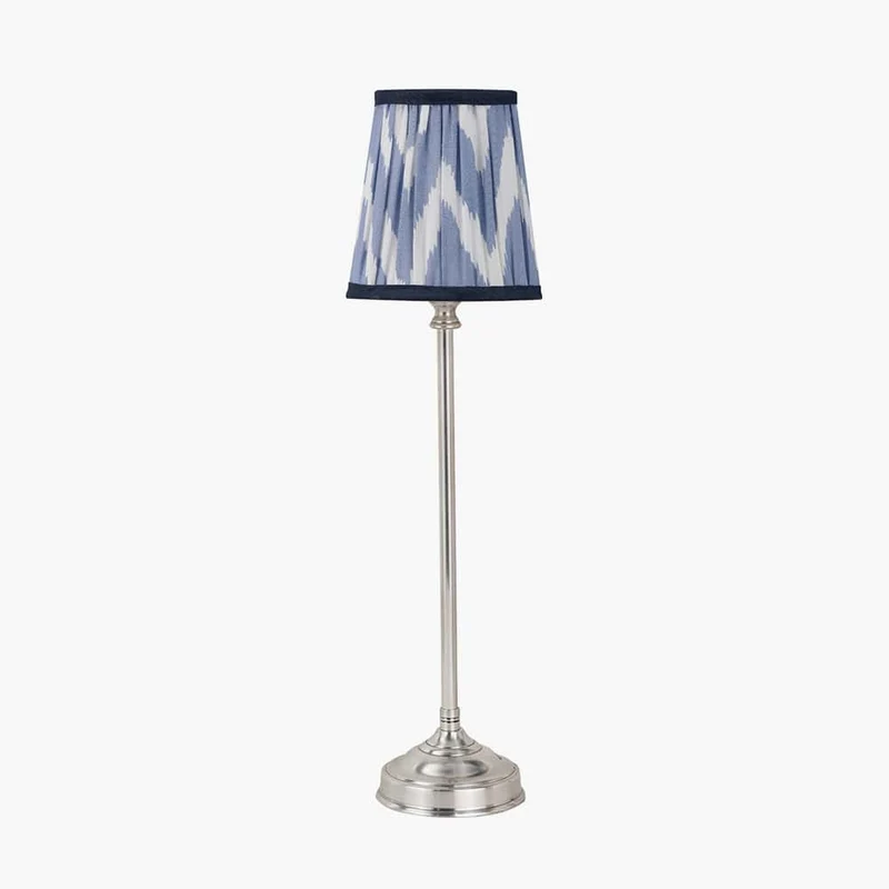 Auden Silver Metal Stick Table Lamp Base with Kamilah 14cm Blue Chevron Patterned Mushroom Pleat Tall Tapered Candle Clip Lampshade