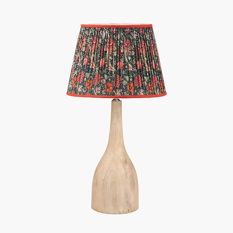 Corella Natural Mango Wood Curved Table Lamp Base with Floressa 40cm Red Floral Patterned Mushroom Pleat Tapered Lamp Shade