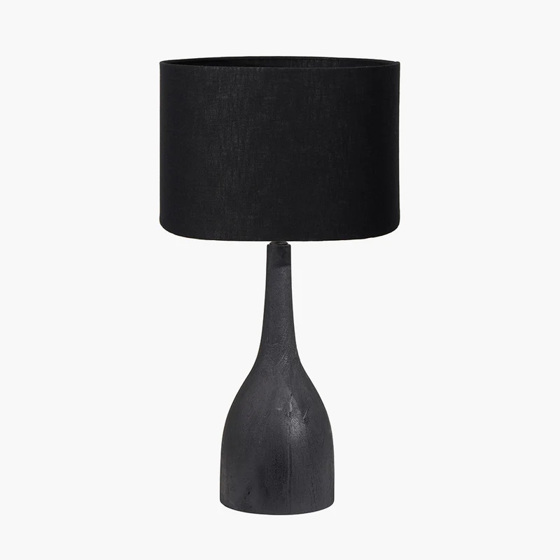 Corella Black Mango Wood Curved Table Lamp Base with Lino 40cm Black Self Lined Linen Cylinder Lampshade