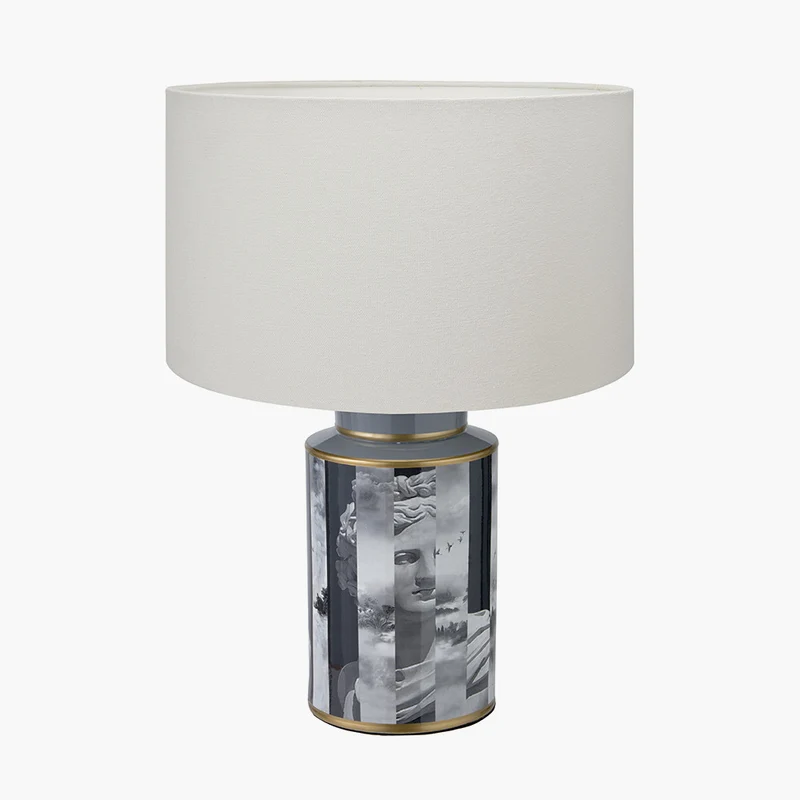 Fenella Black and White Photographic Design Table Lamp Base with Henry 35cm White Handloom Cylinder Lampshade