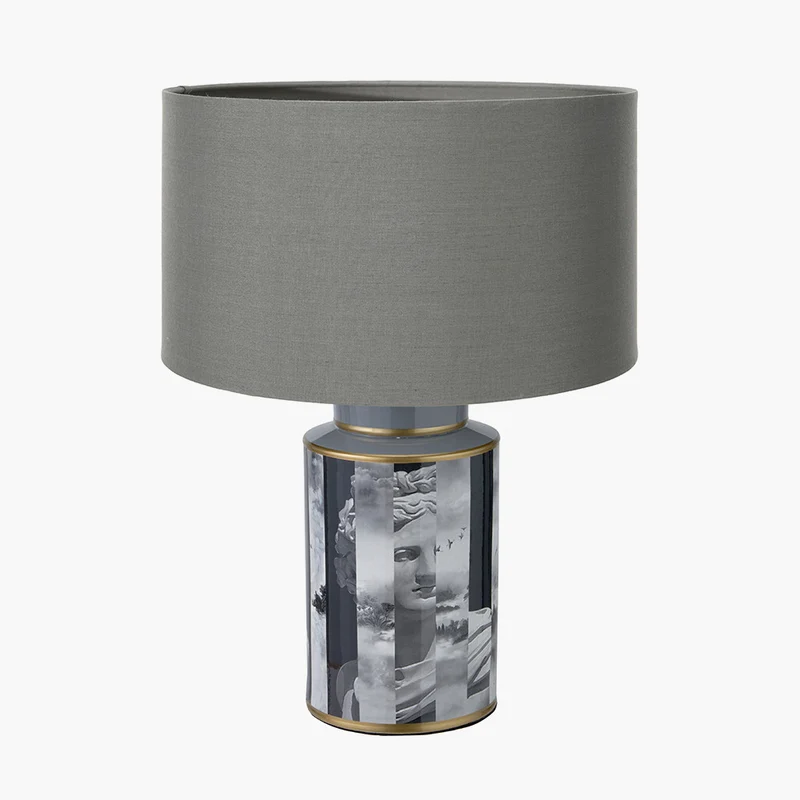 Fenella Black and White Photographic Design Table Lamp Base with Harry 35cm Steel Grey Cotton Mix Cylinder Lampshade
