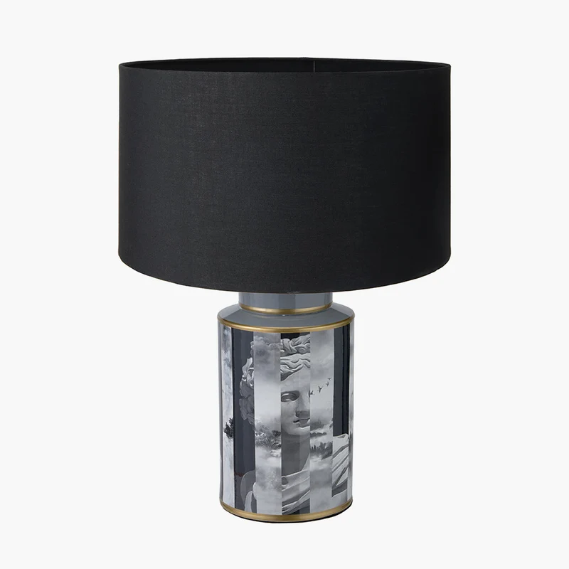 Fenella Black and White Photographic Design Table Lamp Base with Harry 35cm Black Cotton Mix Cylinder Lampshade