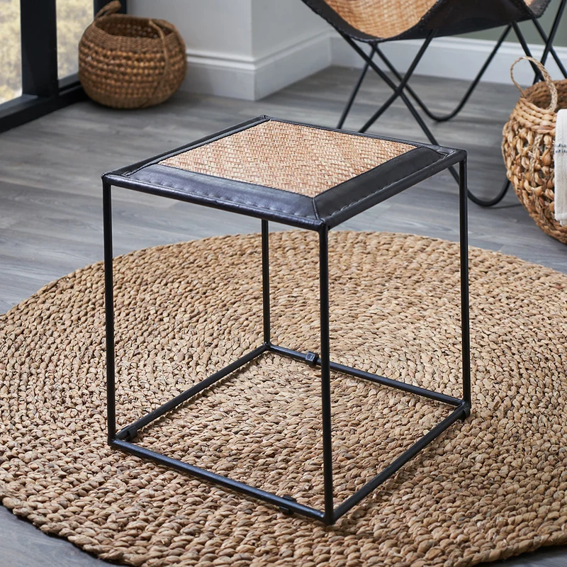 Ezio Black Leather, Natural Rattan and Black Metal Stool