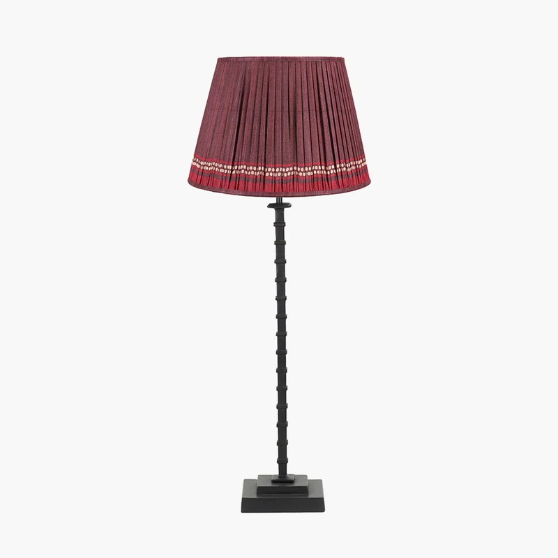 Everett Ribbed Metal Stick Table Lamp Base with Samaira 40cm Red Silk Border Print Mushroom Pleat Tapered Lampshade