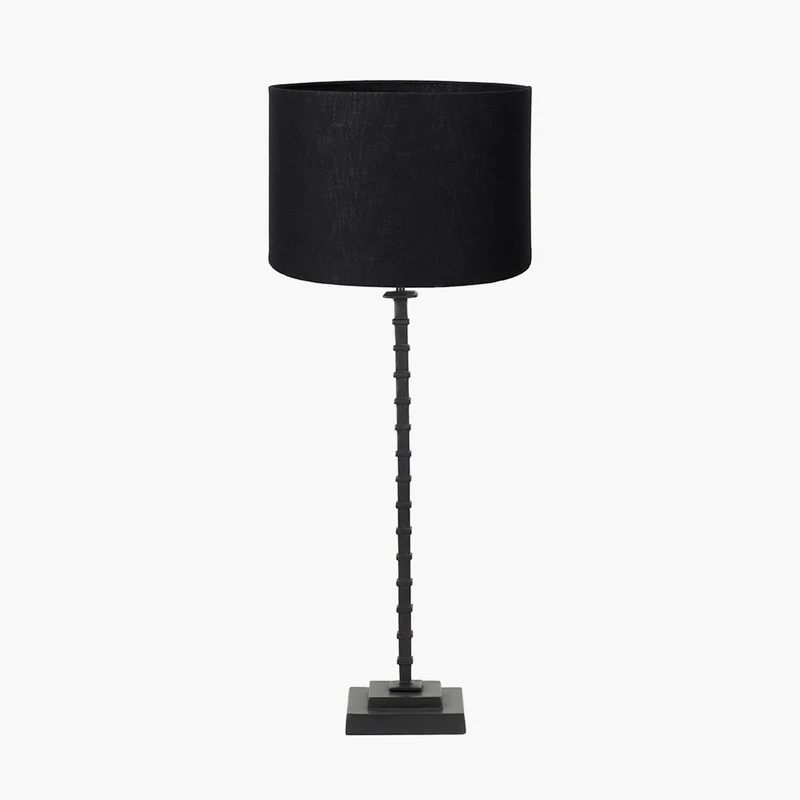 Everett Ribbed Metal Stick Table Lamp Base with Lino 35cm Black Self Lined Linen Cylinder Lampshade