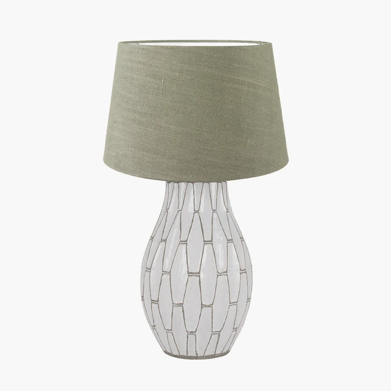 Gaudi White Stoneware Geometric Table Lamp Base with Milos 35cm Pistachio Green Linen Tapered Lampshade