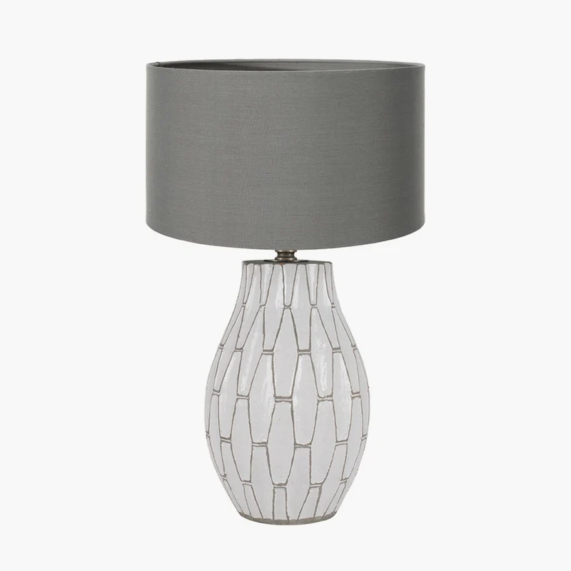 Gaudi White Stoneware Geometric Table Lamp Base with Harry 35cm Steel Grey Cotton Mix Cylinder Lampshade