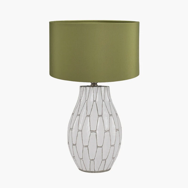 Gaudi White Stoneware Geometric Table Lamp Base with Harry 35cm Sage Cotton Mix Cylinder Lampshade