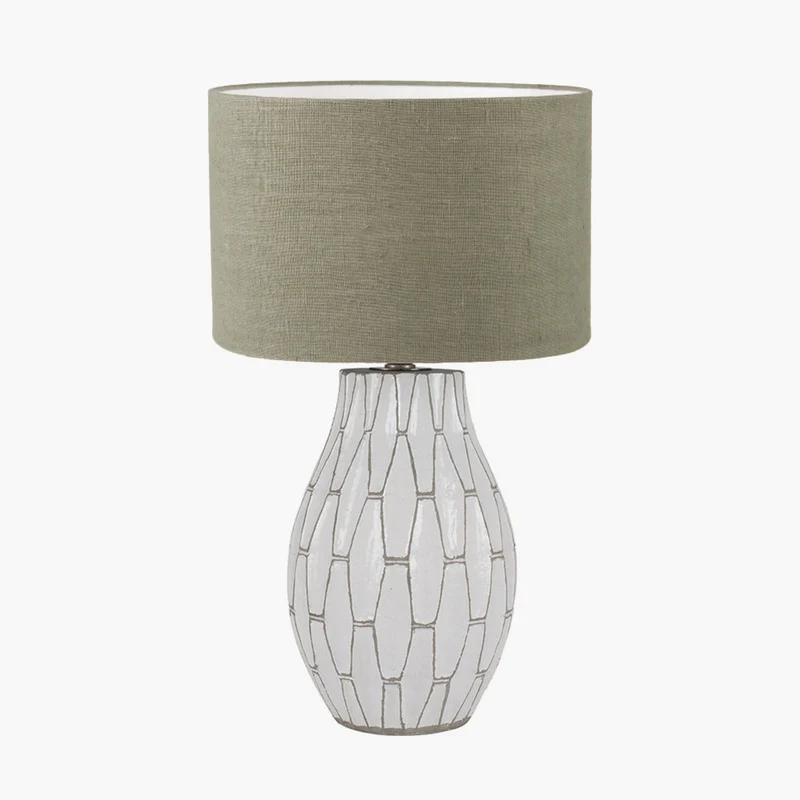 Gaudi White Stoneware Geometric Table Lamp Base with Edward 35cm Pistachio Green Linen Cylinder Lampshade