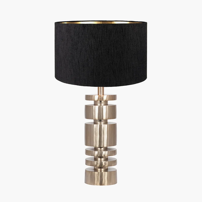 Elon Champagne Gold Metal Stacked Cylinder Table Lamp Base with Stellan 35cm Black Slubbed Silk Mix Gold Lined Cylinder Lampshade