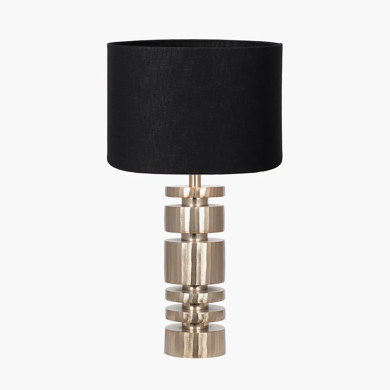 Elon Champagne Gold Metal Stacked Cylinder Table Lamp Base with Lino 35cm Black Self Lined Linen Cylinder Lampshade