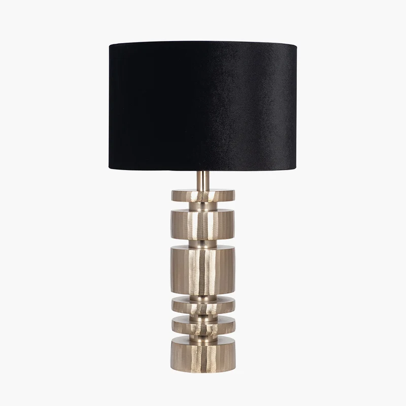 Elon Champagne Gold Metal Stacked Cylinder Table Lamp Base with Bow 35cm Black Velvet Cylinder Lampshade