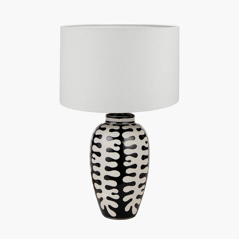 Elkorn Black and White Tall Coral Ceramic Table Lamp Base with Lino 35cm White Self Lined Linen Cylinder Lampshade