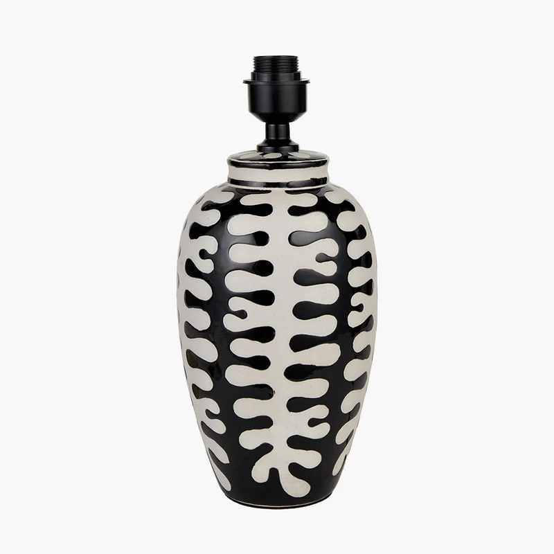 Elkorn Black and White Tall Coral Ceramic Table Lamp Base with Lino 35cm White Self Lined Linen Cylinder Lampshade