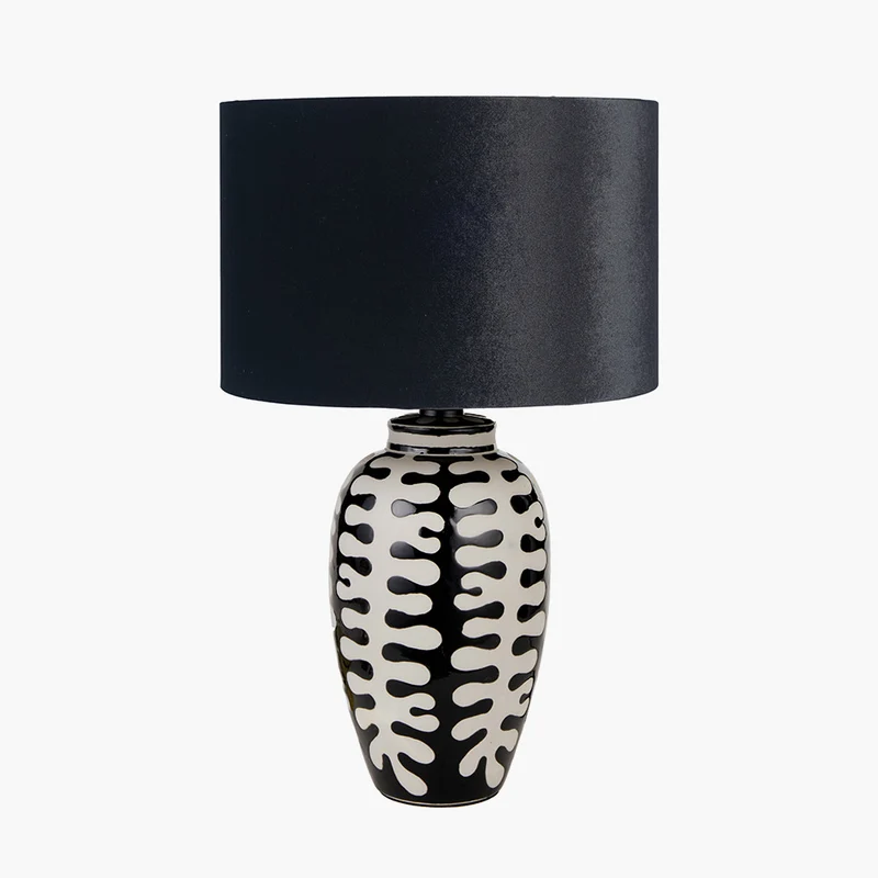 Elkorn Black and White Tall Coral Ceramic Table Lamp Base with Bow 35cm Black Velvet Cylinder Lampshade