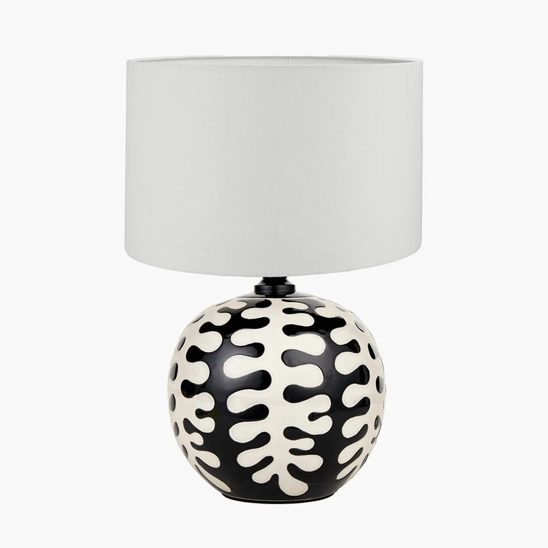 Elkorn Black and White Coral Ceramic Table Lamp Base with Lino 30cm White Self Lined Linen Cylinder Lampshade