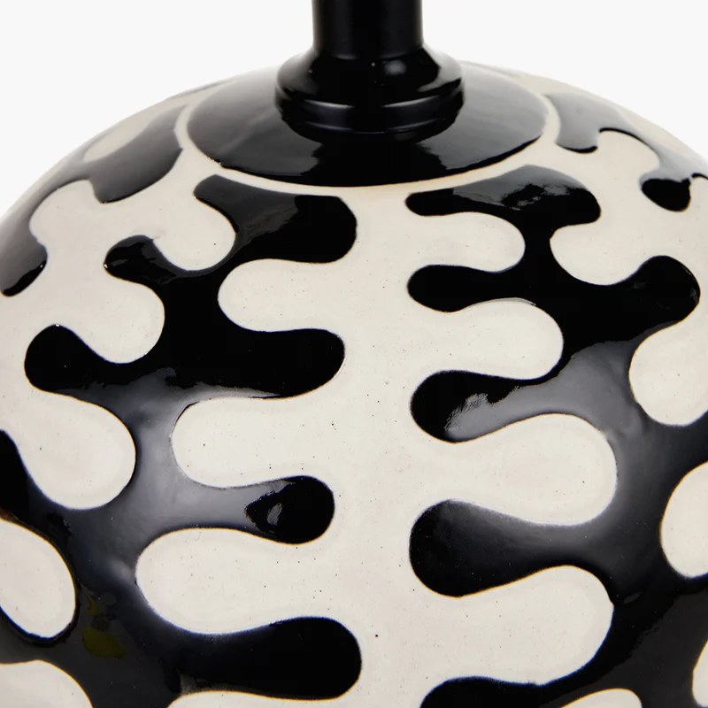 Elkorn Black and White Coral Ceramic Table Lamp Base with Lino 30cm White Self Lined Linen Cylinder Lampshade