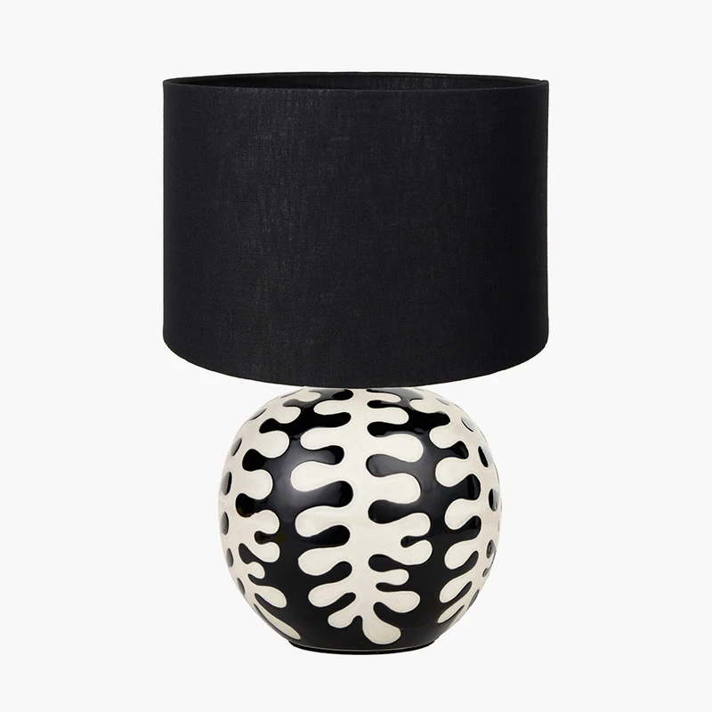 Elkorn Black and White Coral Ceramic Table Lamp Base with Lino 30cm Black Self Lined Linen Cylinder Lampshade