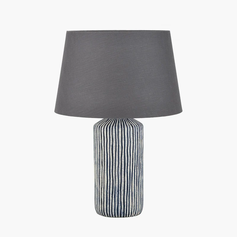 Bude Blue and White Stripe Stoneware Table Lamp Base with Lys 40cm Steel Grey Self Lined Linen Tapered Lampshade