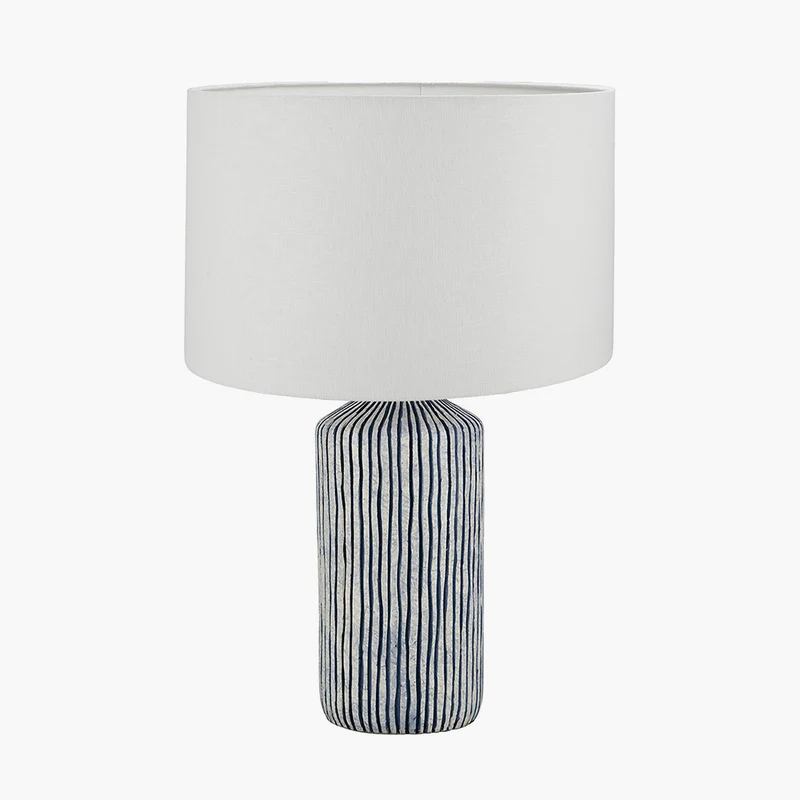 Bude Blue and White Stripe Stoneware Table Lamp Base with Lino 40cm White Self Lined Linen Cylinder Lampshade