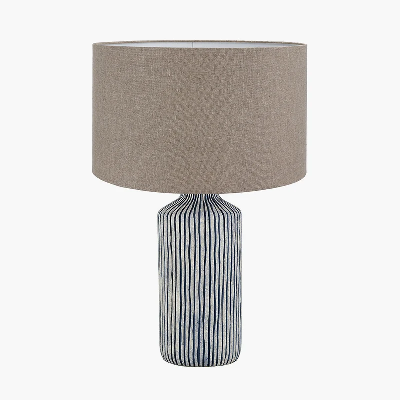 Bude Blue and White Stripe Stoneware Table Lamp Base with Edward 40cm Natural Linen Cylinder Lampshade