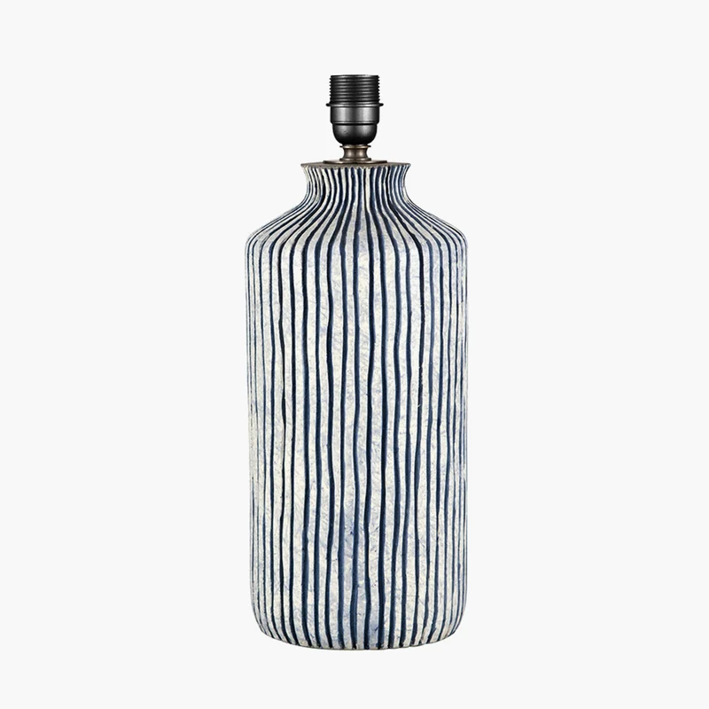 Bude Blue and White Stripe Stoneware Table Lamp Base with Edward 40cm Natural Linen Cylinder Lampshade