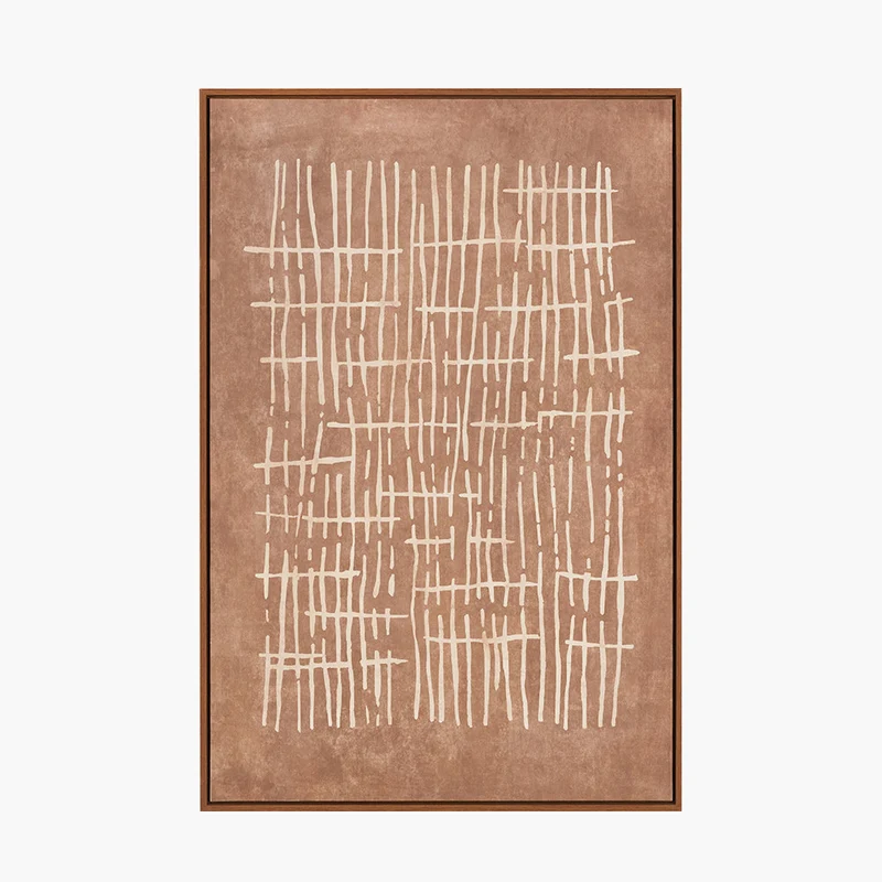 Brown and Natural Abstract Linear Design Canvas with Oak Effect Frame