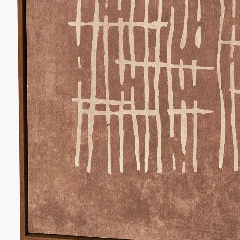 Brown and Natural Abstract Linear Design Canvas with Oak Effect Frame