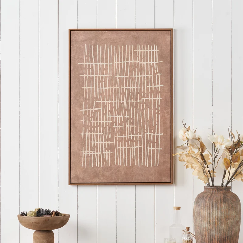 Brown and Natural Abstract Linear Design Canvas with Oak Effect Frame