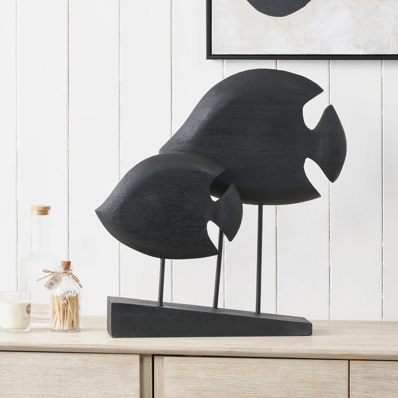 Black Handcarved Mango Wood Double Teardrop Angelfish Ornament